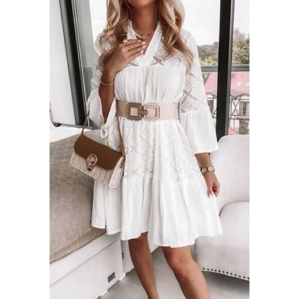 Boho White Lace V-Neck Mini Dress - Picture 3 of 5